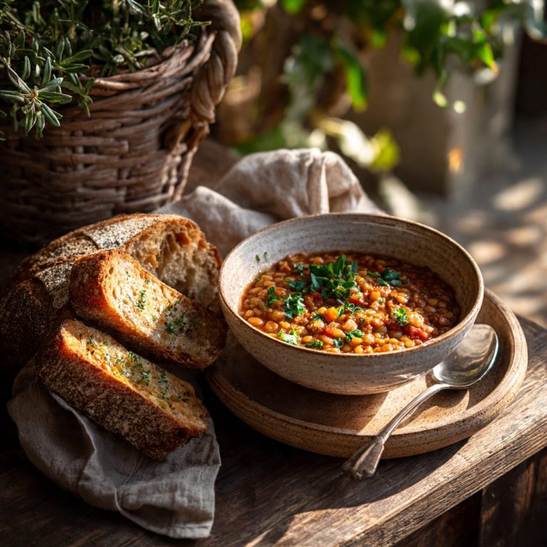 Mediterranean lentil stew in a calm sunlit kitchen setting, symbolizing mindful and healthy plant-based cooking
