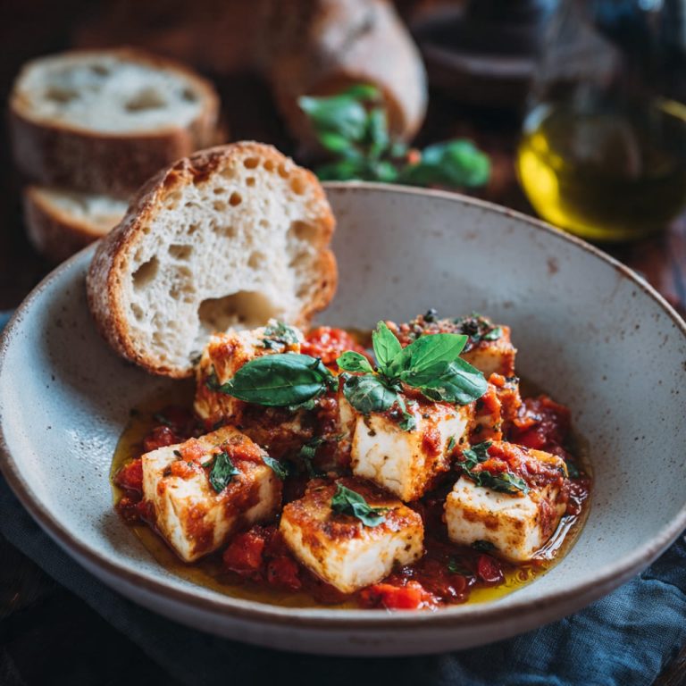 Vegan tofu with tomato and basil sauce served with bread for a comforting plant based meal