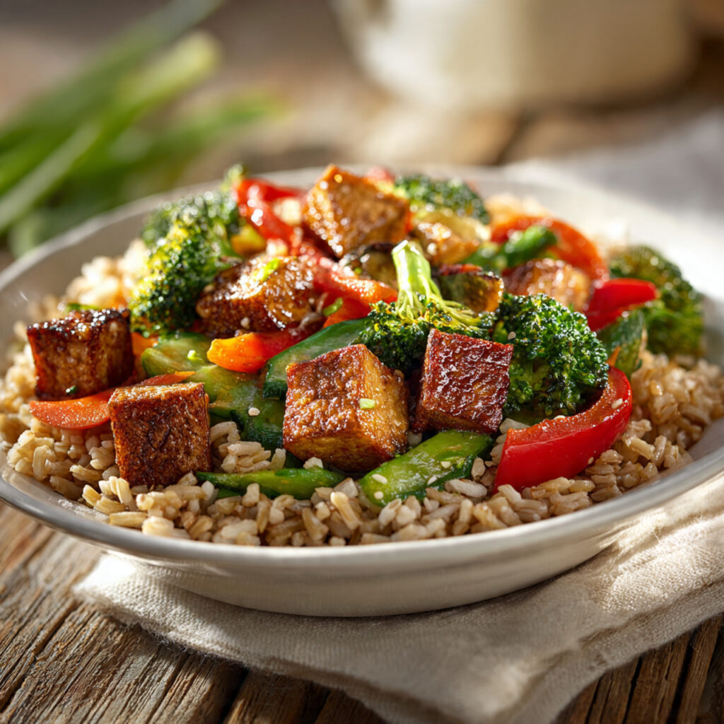 Brown rice stir fry with separated whole-grain rice, tofu, and colorful vegetables in a healthy plant-based dish