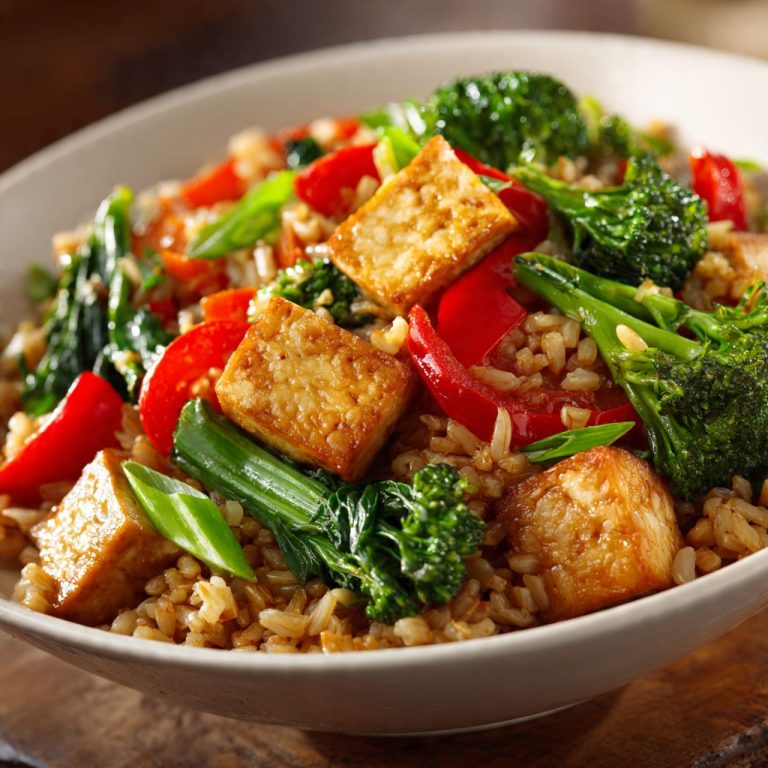 Brown rice stir fry with separated whole-grain rice, tofu, and colorful vegetables in a healthy plant-based dish
