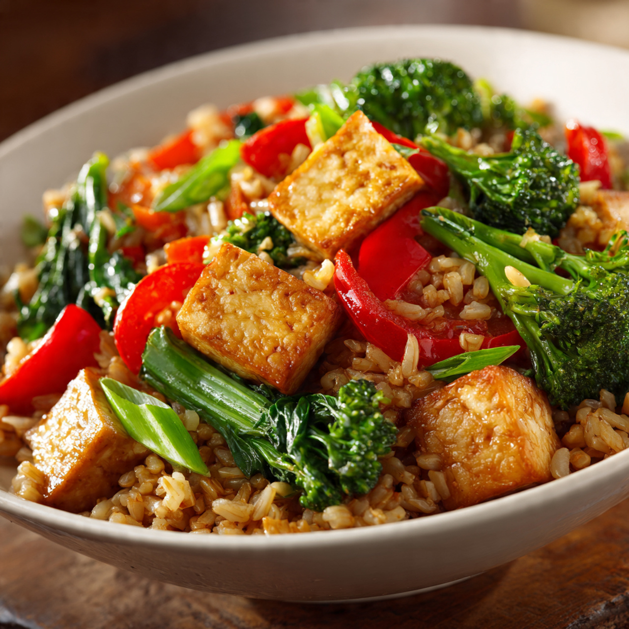 Brown rice stir fry with separated whole-grain rice, tofu, and colorful vegetables in a healthy plant-based dish