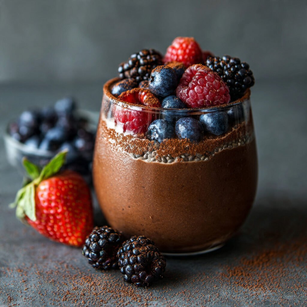 Chocolate coconut chia pudding made with raw cacao, a healthy vegan dessert.