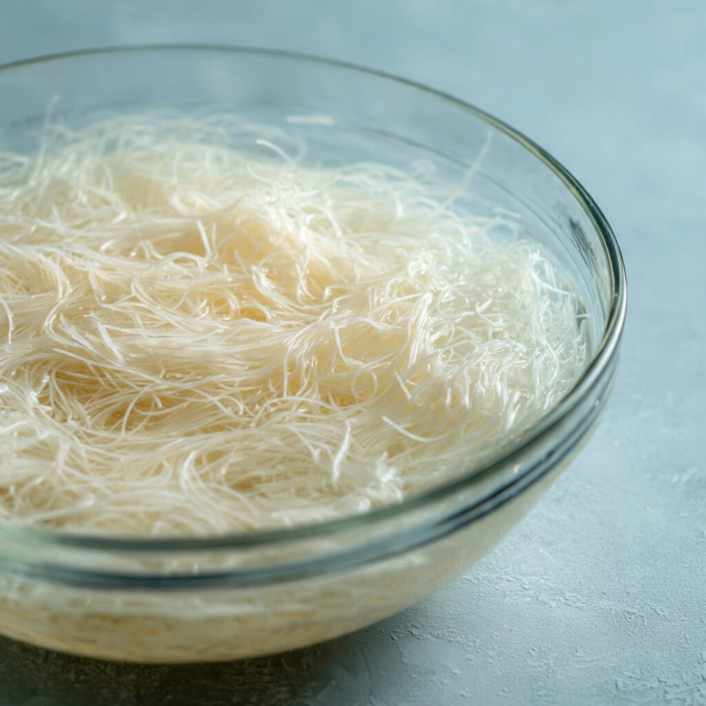 Stir Fried Rice Vermicelli with Tofu and Vegetables Rice vermicelli soaking in room-temperature water to achieve al dente texture before stir-frying