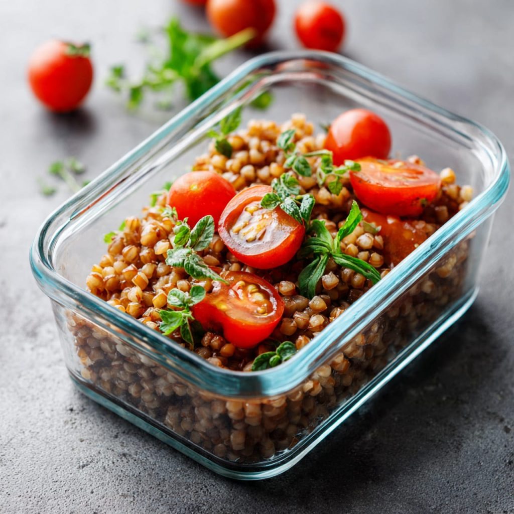 Gluten-free buckwheat kasha stored for meal prep and healthy leftovers