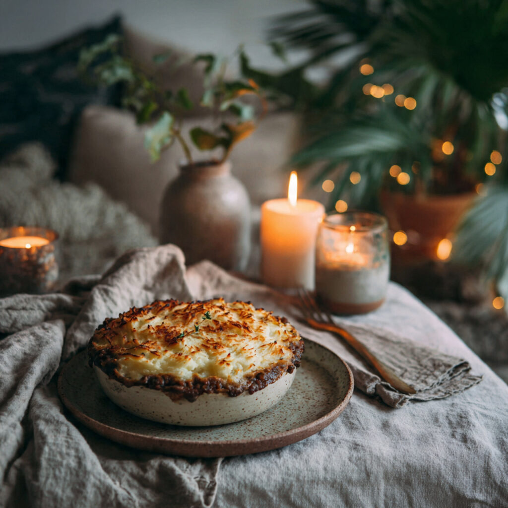 Plant-based mushroom and lentil shepherd’s pie for mindful comfort dining