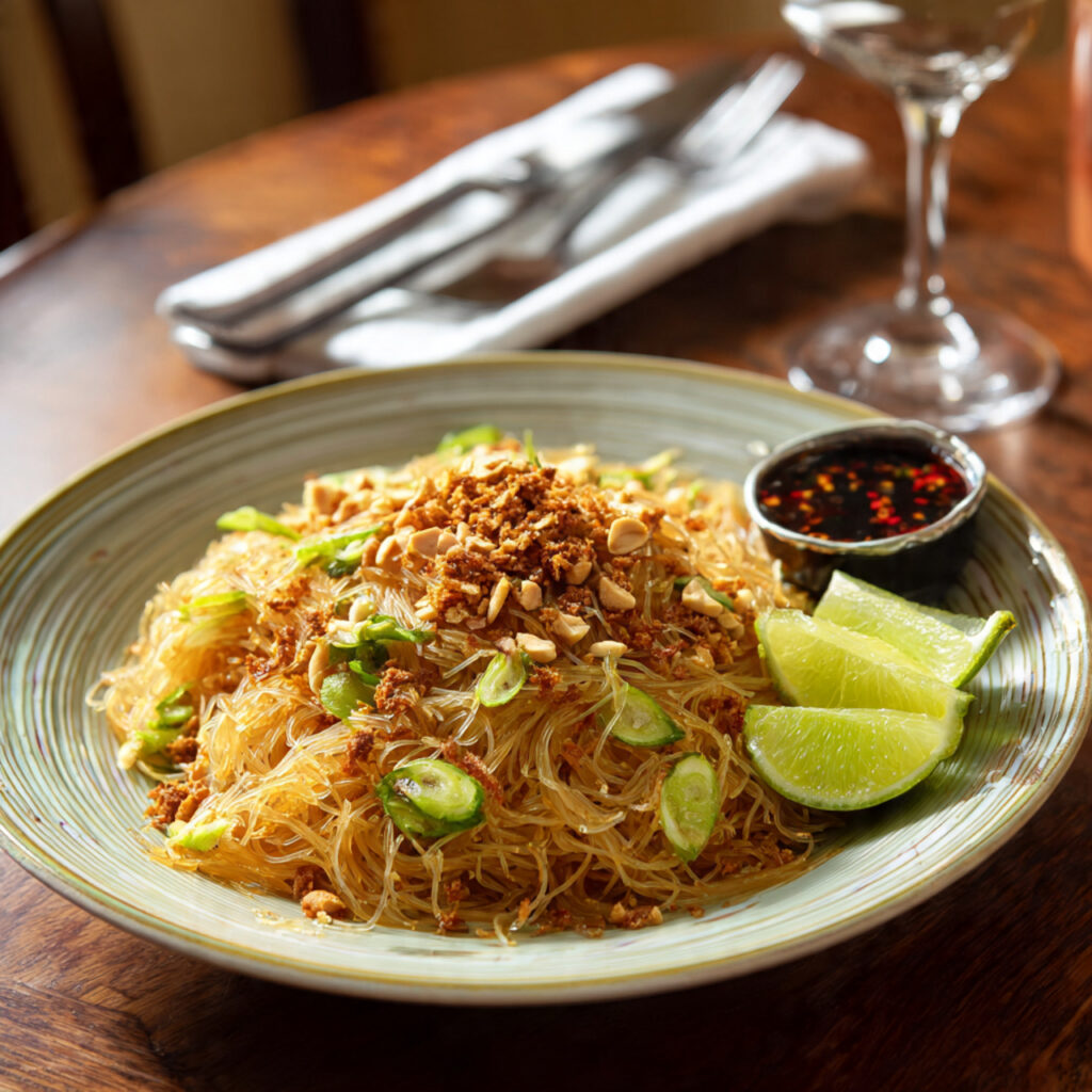 Stir Fried Rice Vermicelli with Tofu and Vegetables Stir-fried rice vermicelli garnished with peanuts and fried shallots, served with chili soy sauce and lime