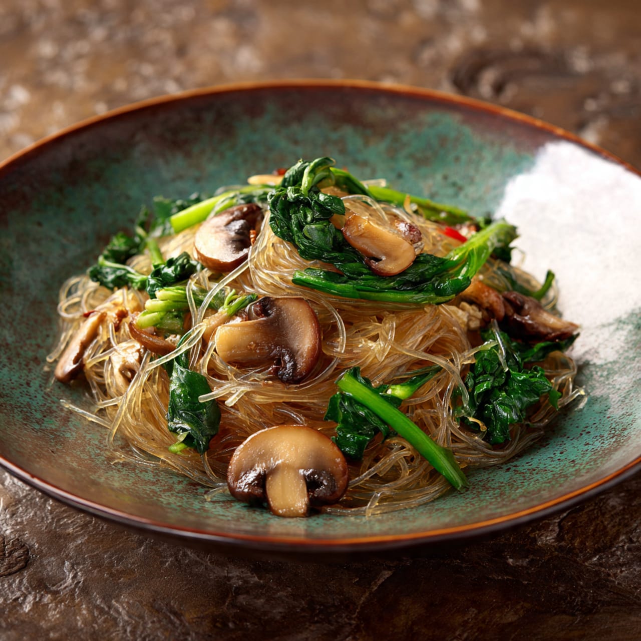 Finished stir-fried glass noodles with mushrooms and greens, glossy noodles and crisp vegetables in a light Asian presentation