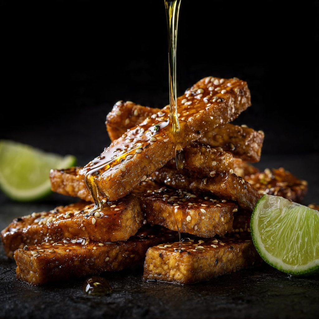 Finishing braised tempeh with sesame oil and lime for enhanced digestion
