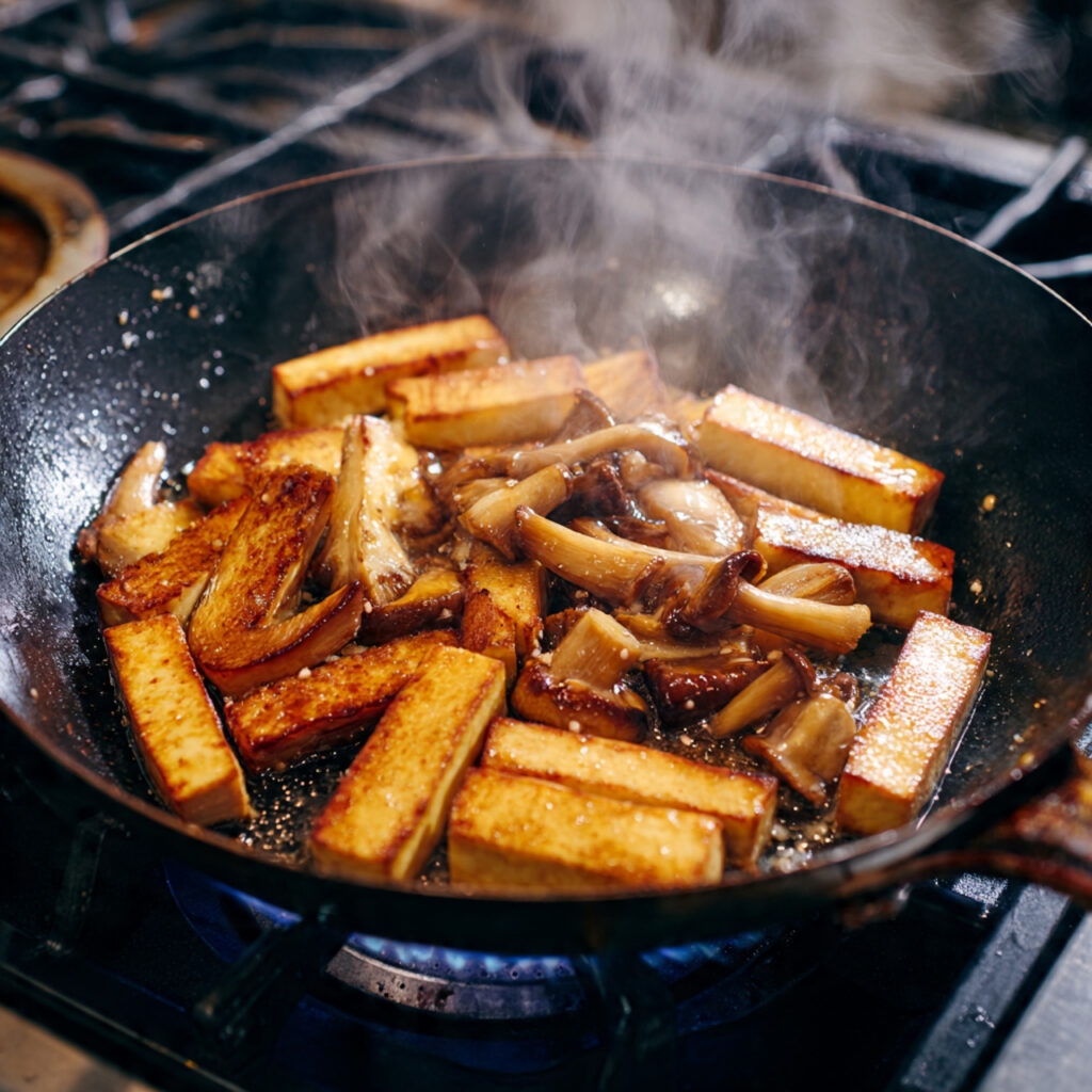 Tofu and king oyster mushrooms seared until golden to build umami for brown rice stir fry