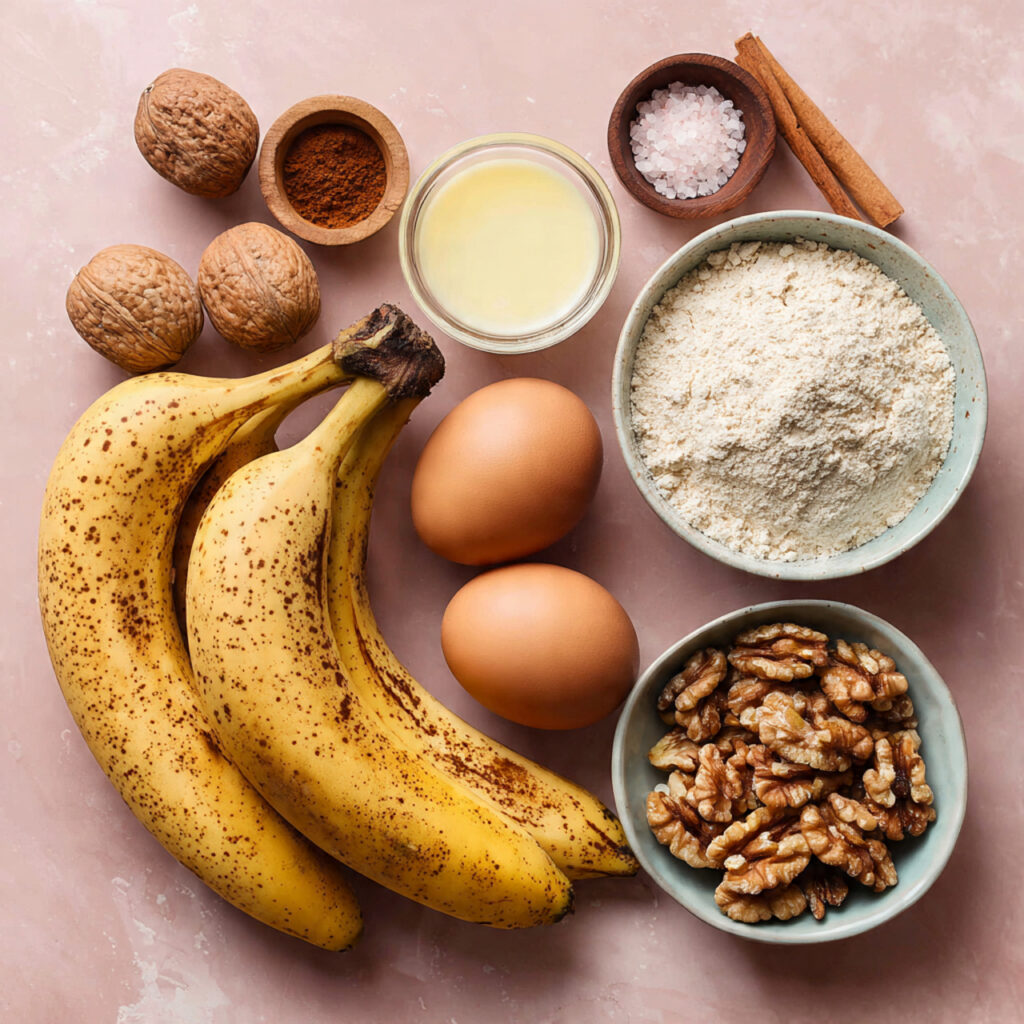Natural ingredients for almond flour banana bread including ripe bananas, almond flour, cinnamon, and coconut oil.