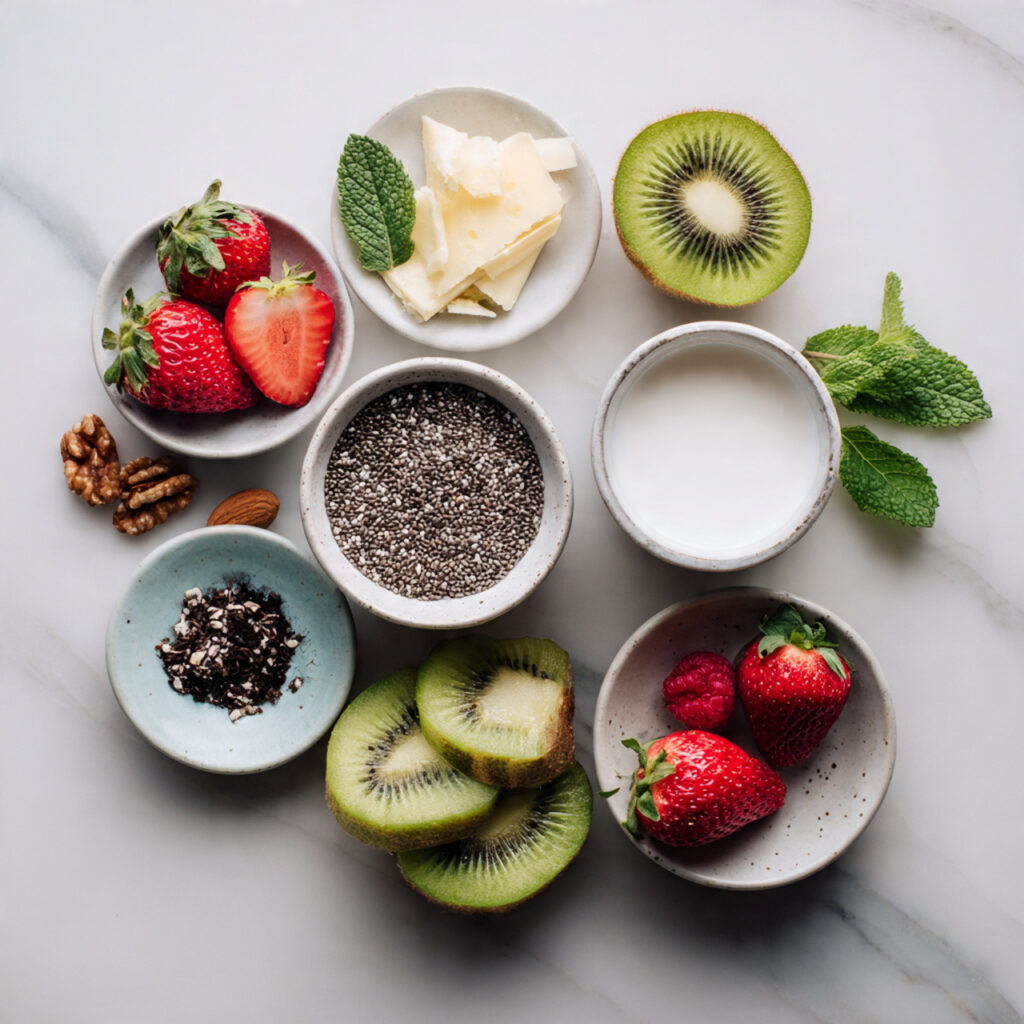 Organic chia seeds and creamy coconut milk, key superfood ingredients for vegan chia pudding.
