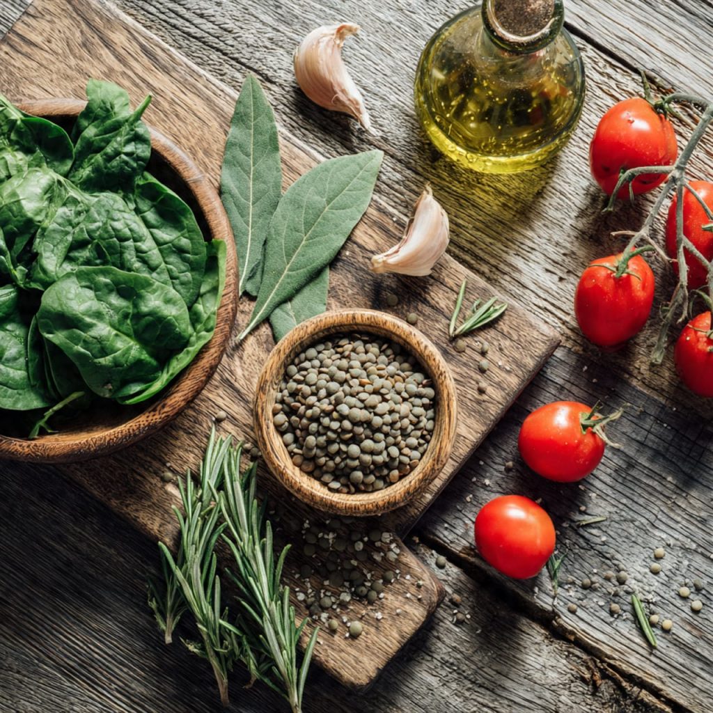 Healthy Italian lentil stew ingredients including spinach, tomatoes, and olive oil