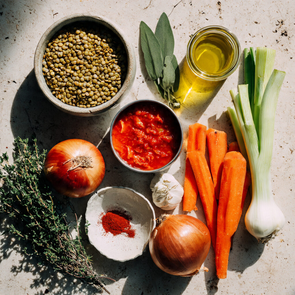 Mediterranean lentil stew topped with spinach, feta cheese and olive oil, colorful and nourishing presentation