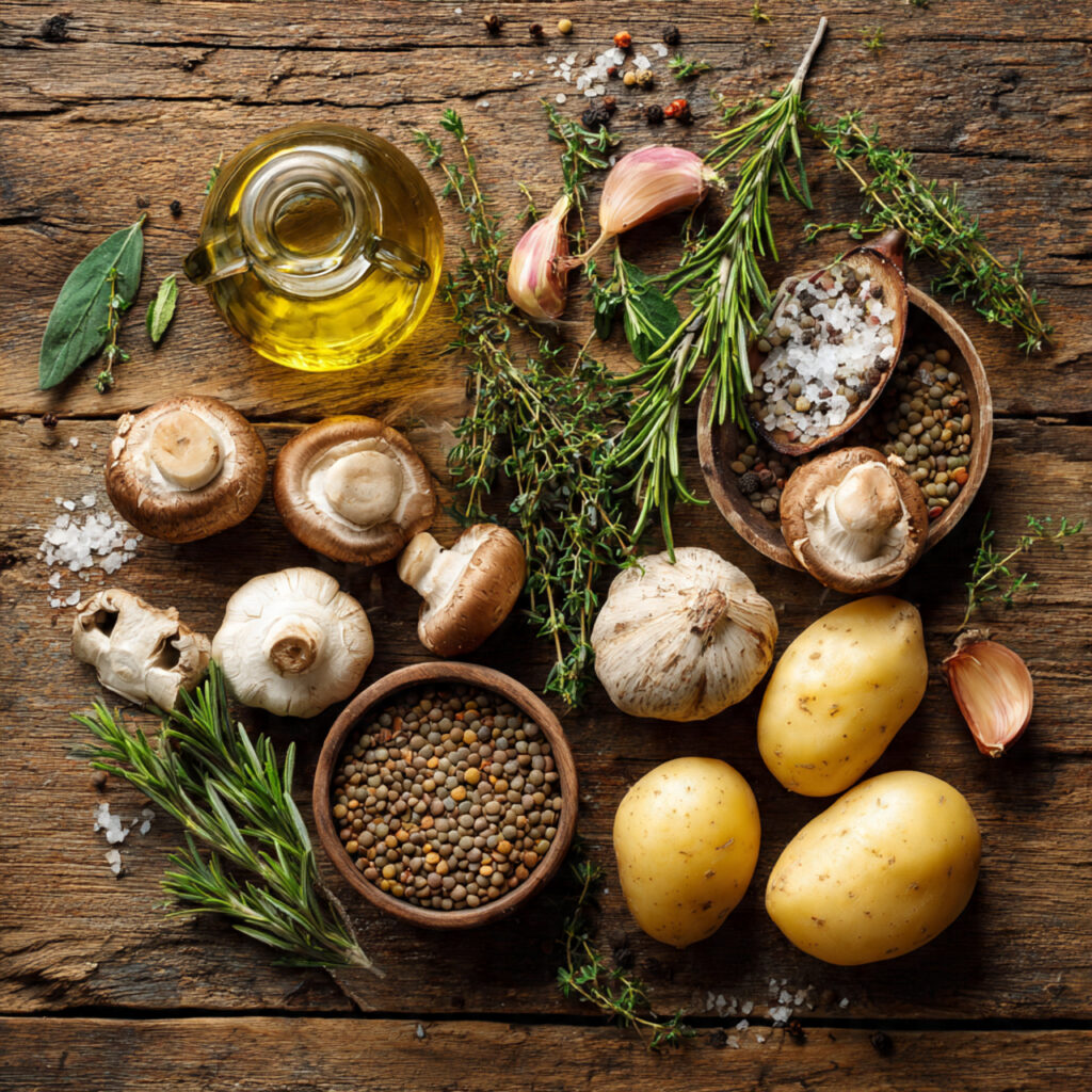 Plant-based shepherd’s pie ingredients with mushrooms, lentils, and potatoes