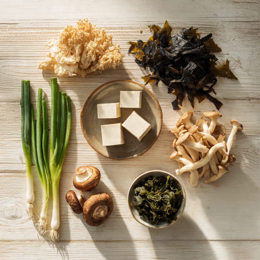 Simple vegan miso soup ingredients including tofu, seaweed, mushrooms, and ginger