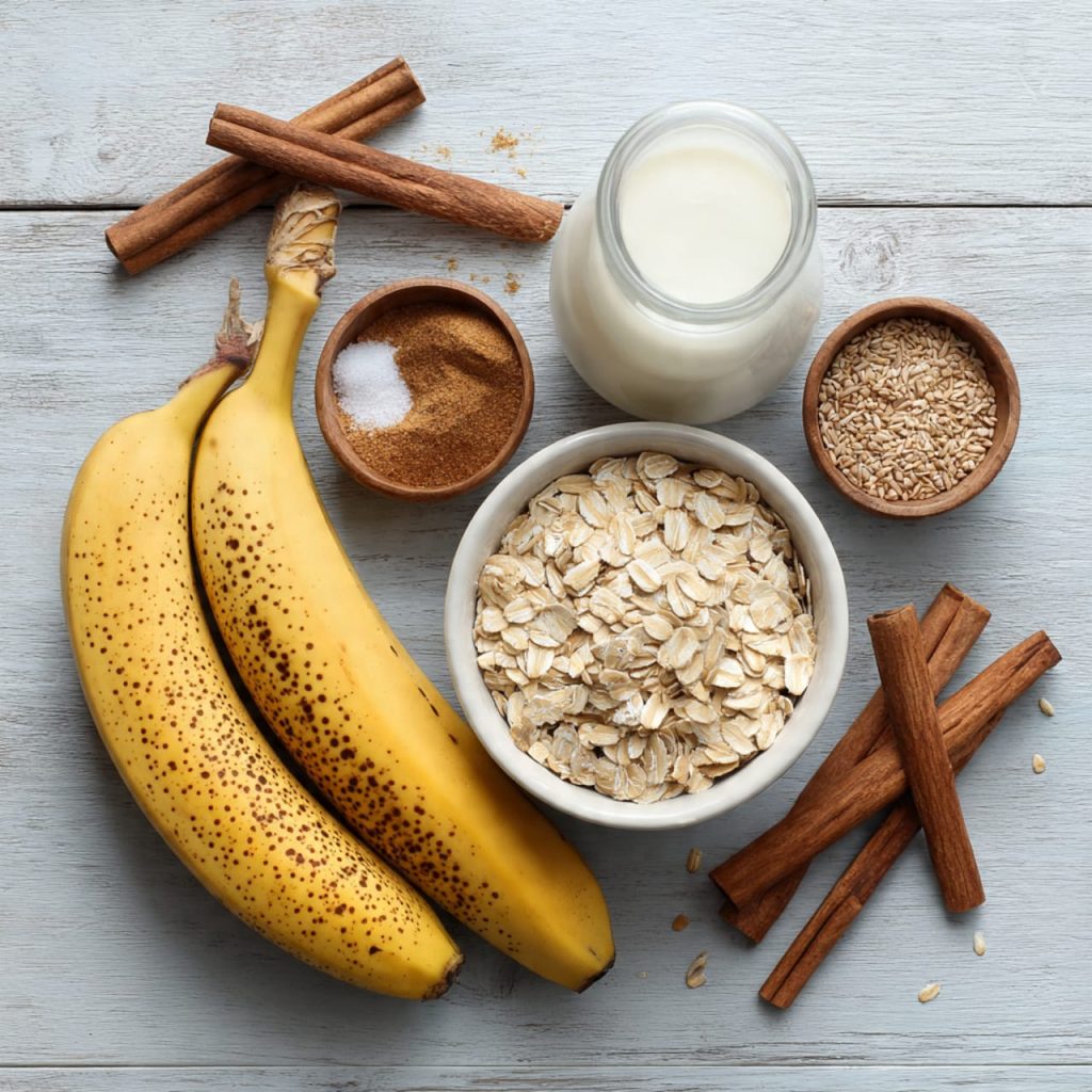 Gluten free pancake ingredients including ripe bananas, oats, almond milk, and flax seeds for a healthy breakfast