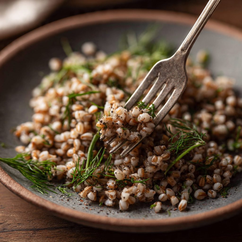 Fluffing cooked buckwheat kasha with fresh dill for perfect grain separation