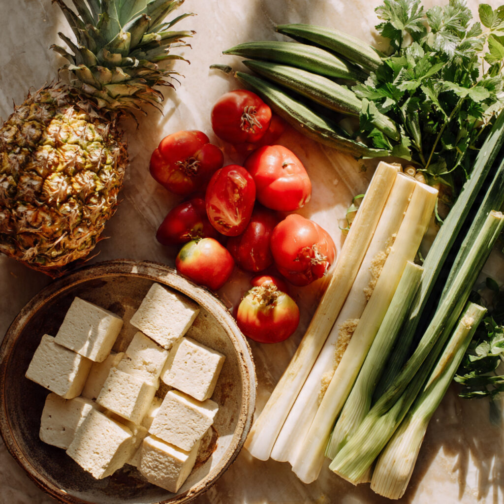 Fresh vegetables and tofu prepared for vegan Vietnamese sour soup