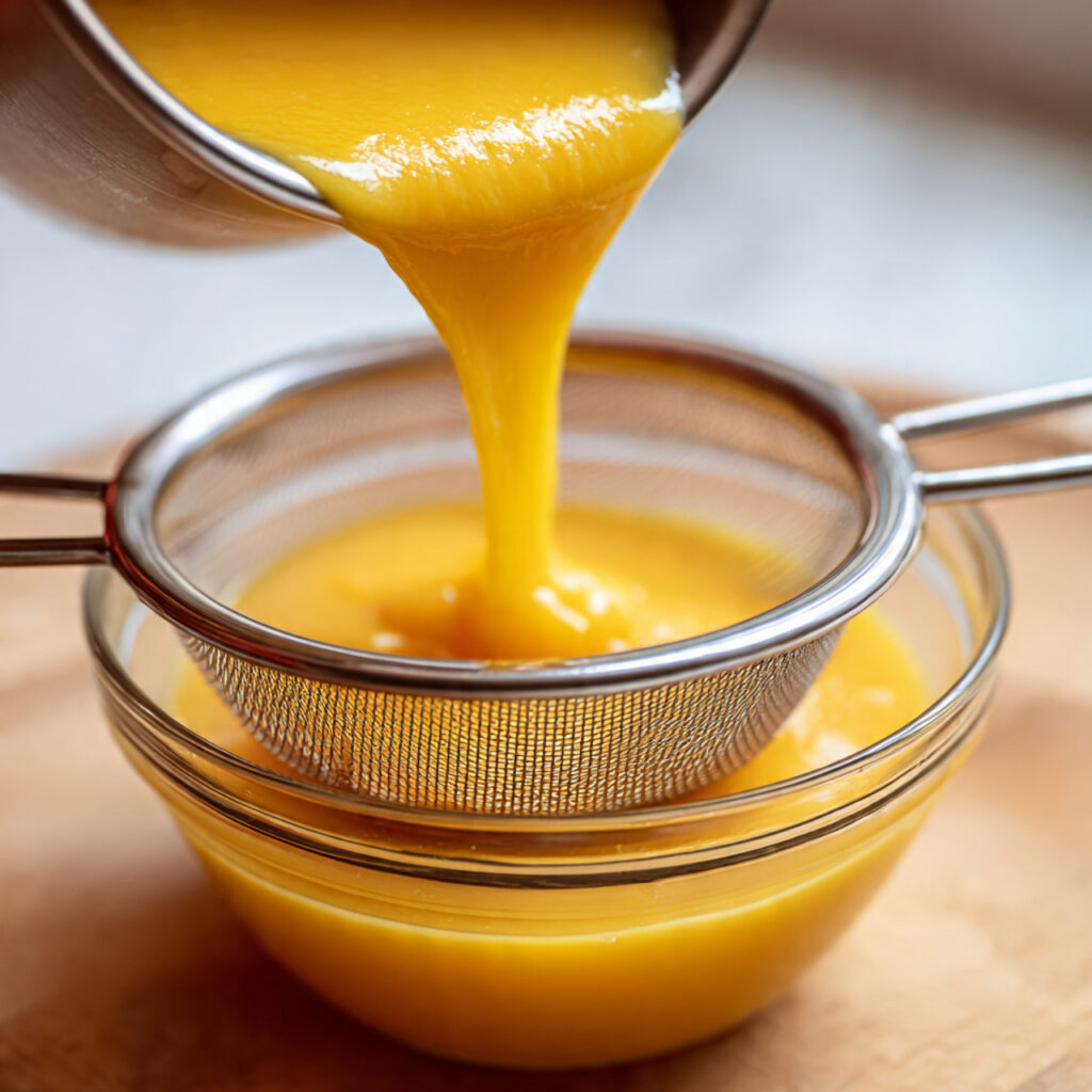 Silky mango purée being strained to create smooth mango agar jelly base