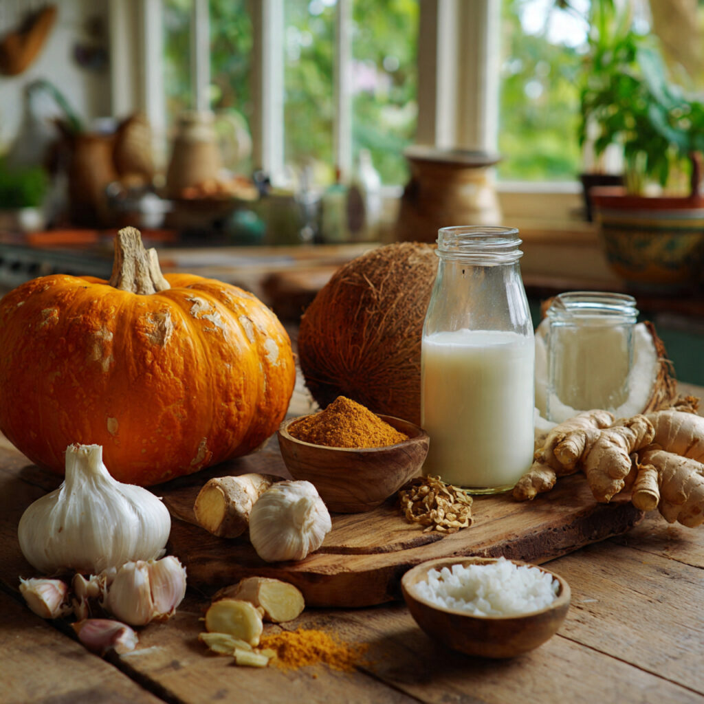 Fresh pumpkin, coconut milk, ginger, garlic, onion