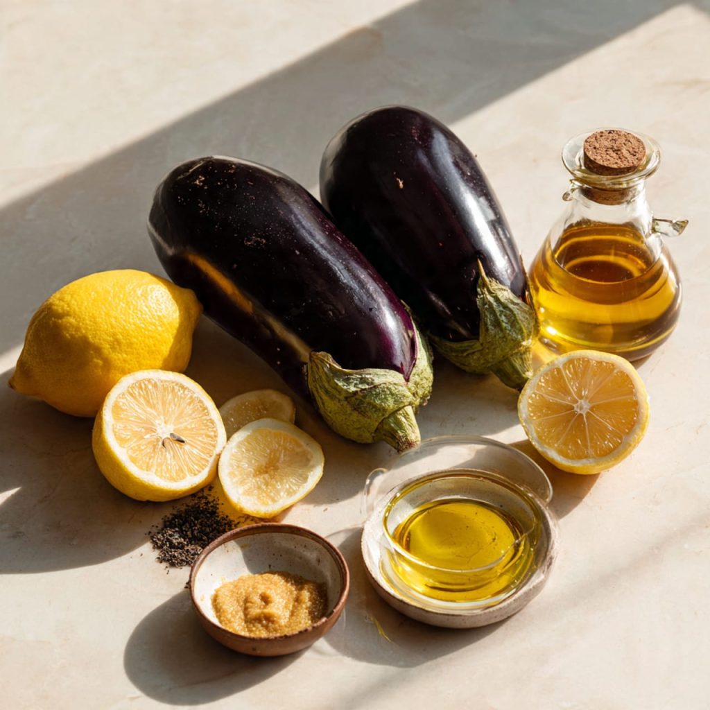 Raw eggplant, lemon, tahini, and olive oil arranged casually on a kitchen counter