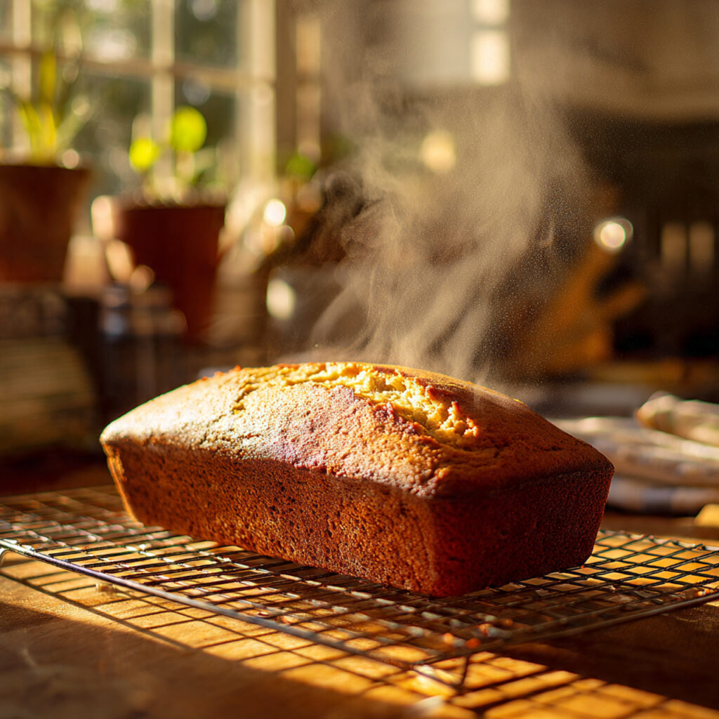 Freshly baked almond flour banana bread cooling before slicing.