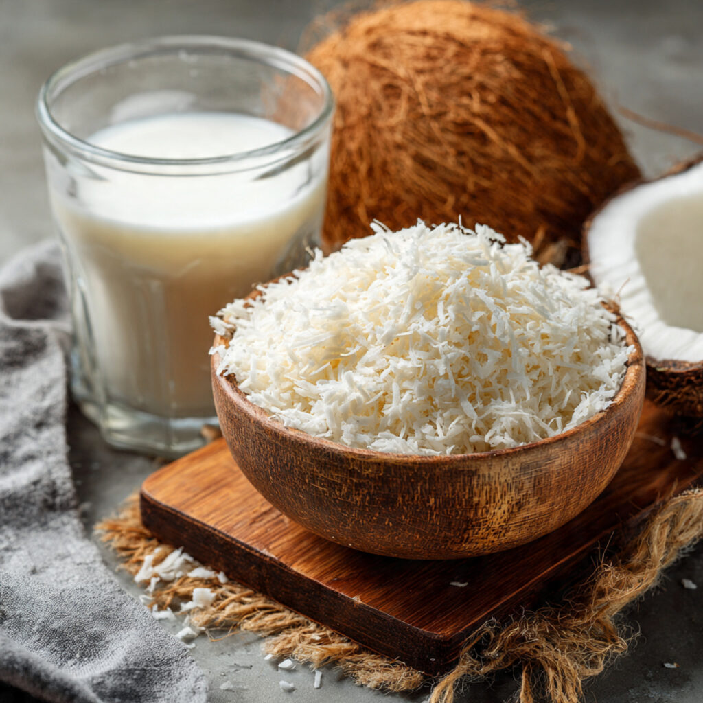 Fresh coconut milk extracted from grated coconut, used in traditional mung bean cake.