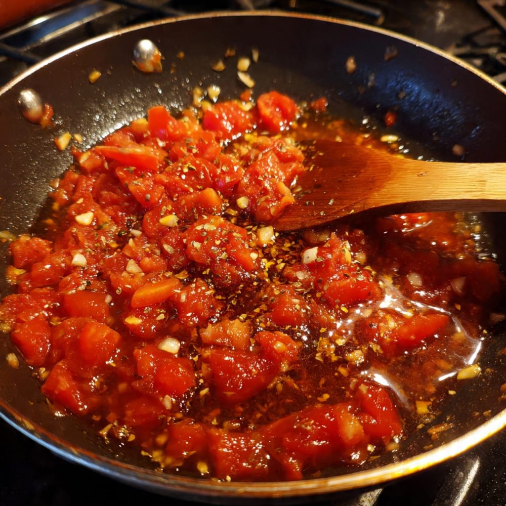 Garlic tomato sauce simmering in a pan for tofu basil recipe