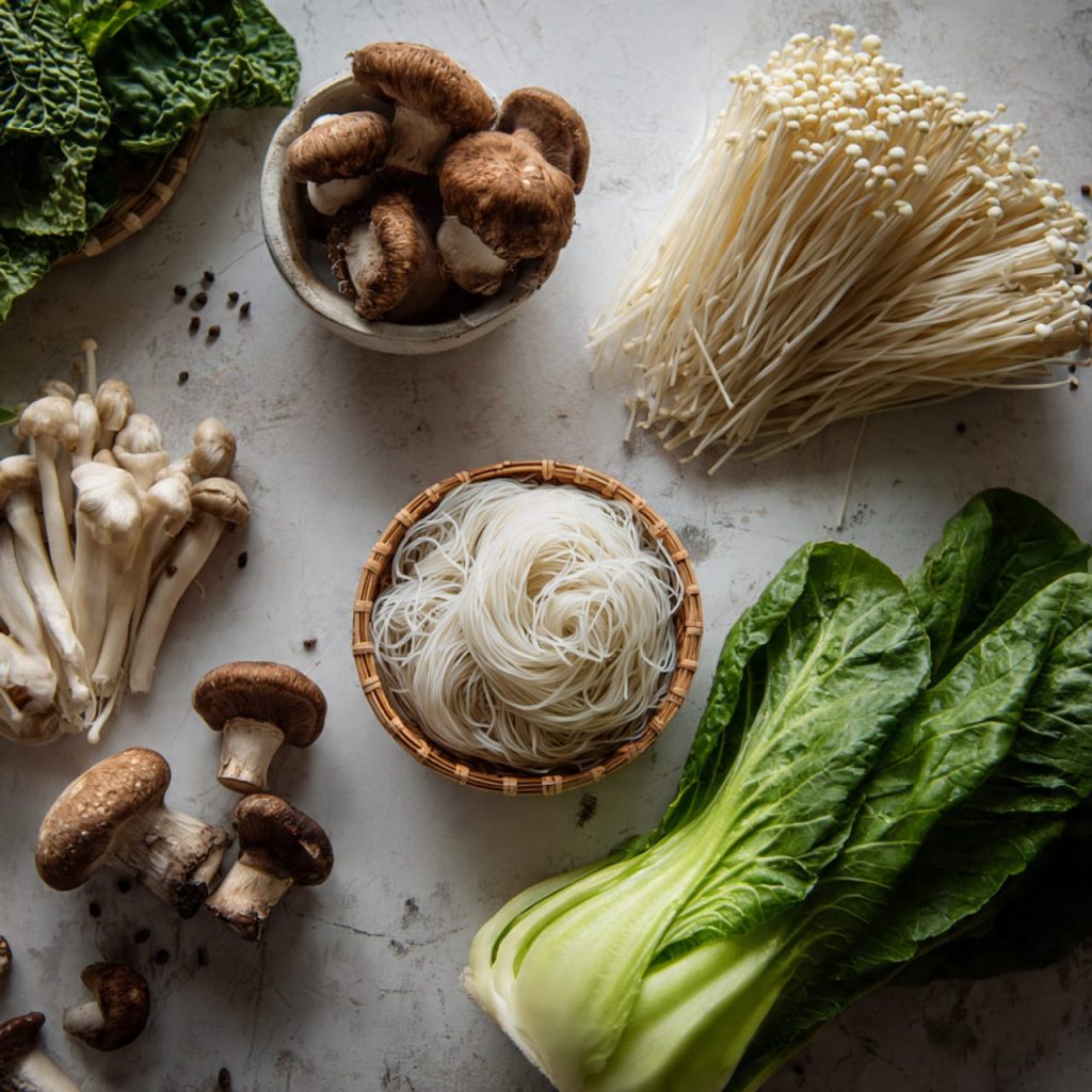 Glass noodles, mushrooms and green vegetables prepared for stir-fried glass noodle dish in an Asian kitchen setting