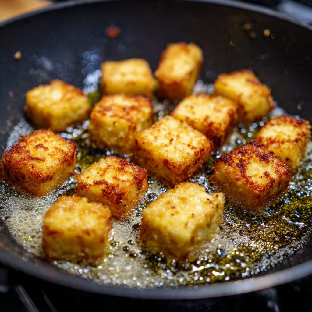 Crispy pan fried tofu cubes turning golden brown in olive oil