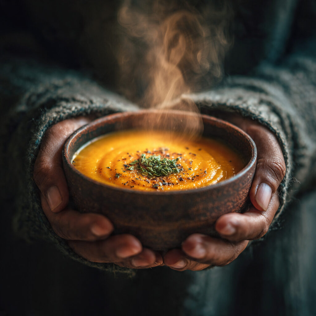 Hands holding a warm bowl of vegan pumpkin coconut soup