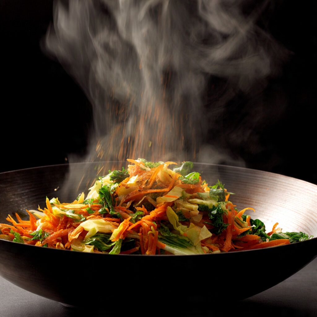 Vegetables flash-fried over high heat to retain color and crunch in brown rice stir fry
