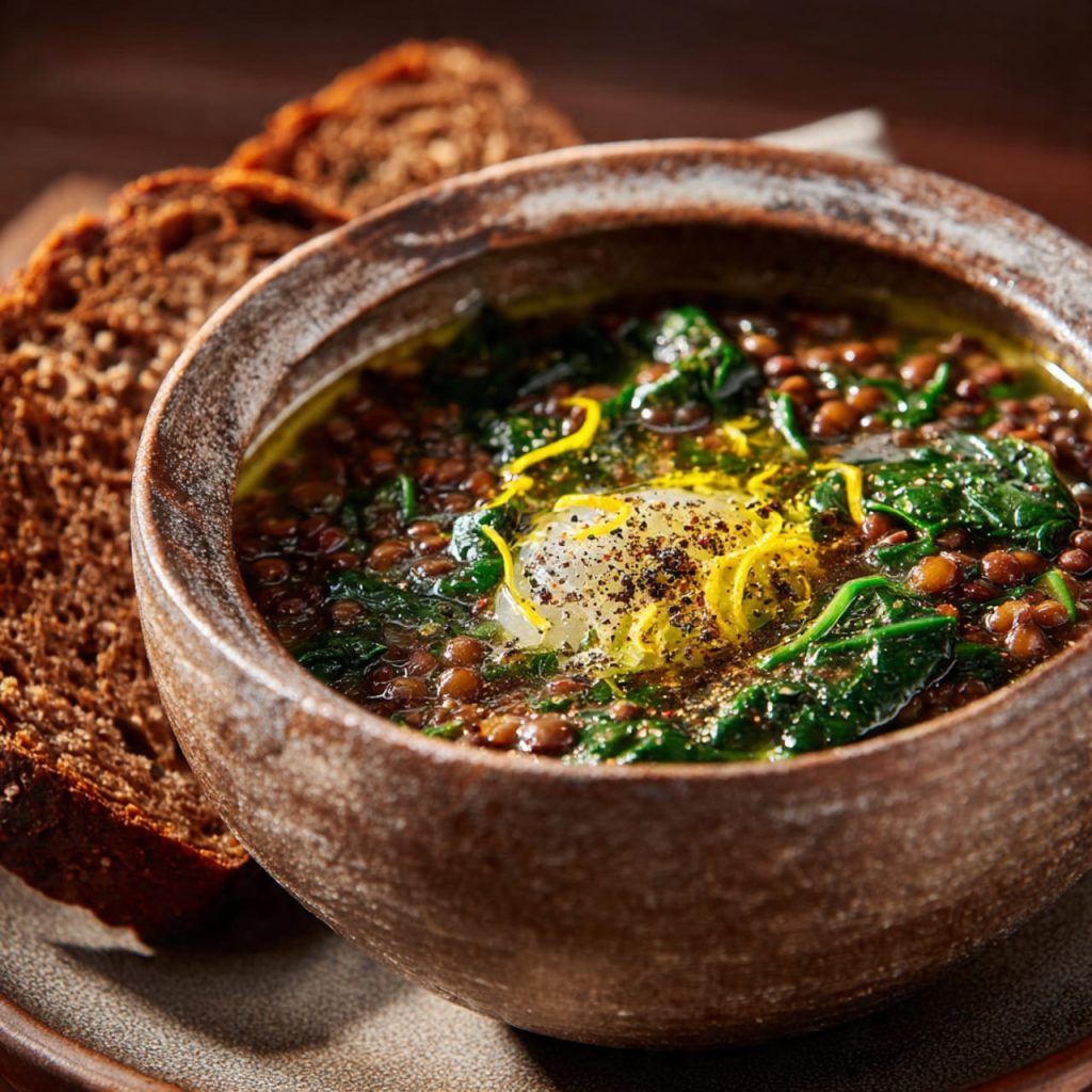 Italian lentil and spinach stew simmering slowly in a rustic clay pot
