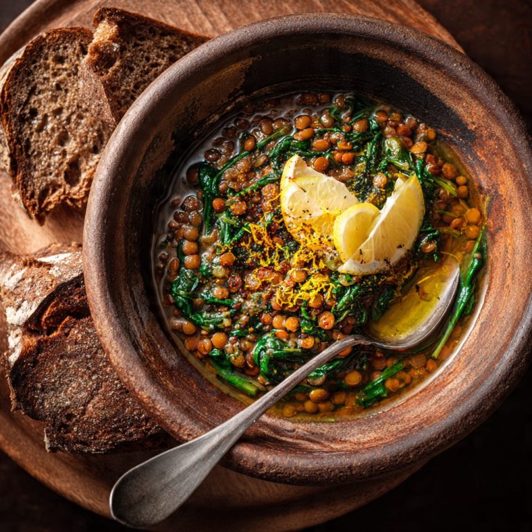 Italian lentil and spinach stew served with olive oil and rustic bread
