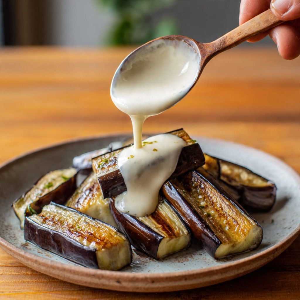 Lemon tahini sauce being drizzled over roasted eggplant in a simple vegan cooking process