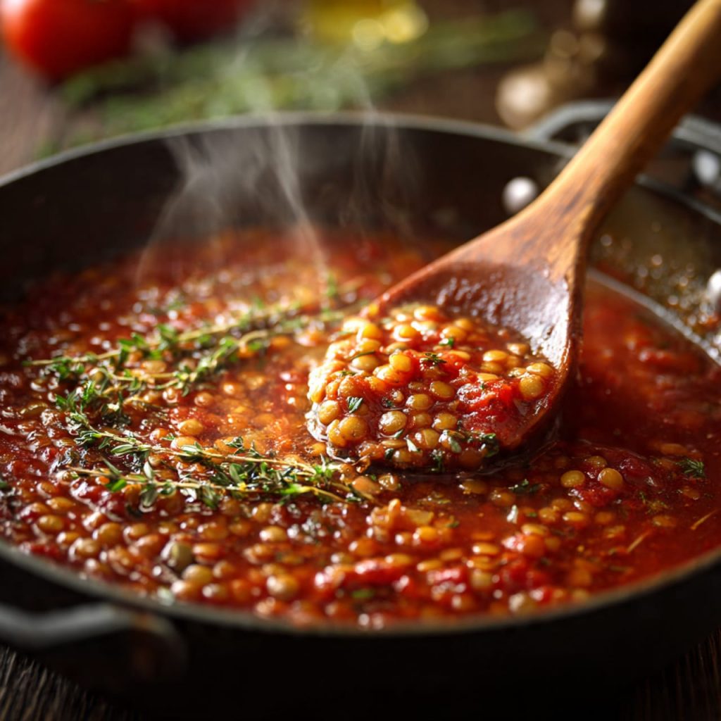 Lentils simmering slowly in tomato broth for Italian stew