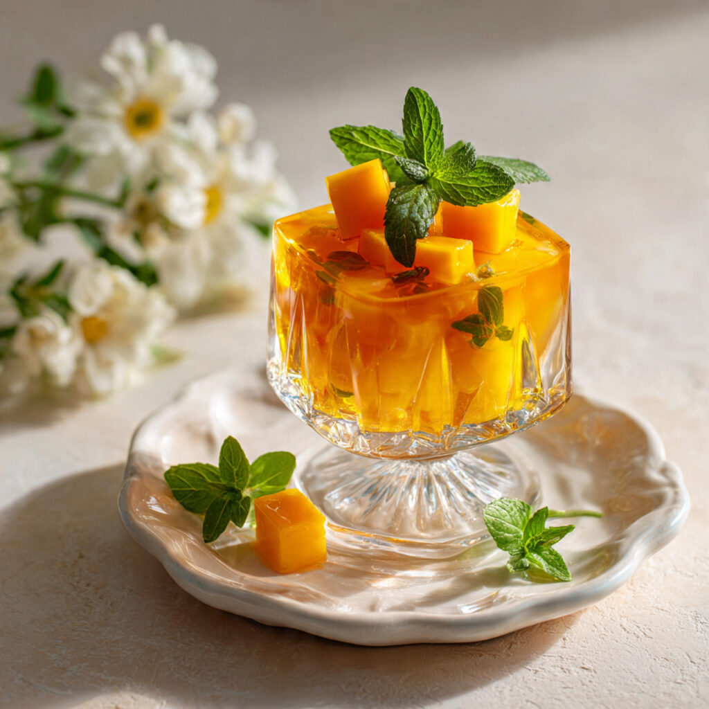 Vegan mango agar jelly served with fresh mint and mango for a refined tasting experience
