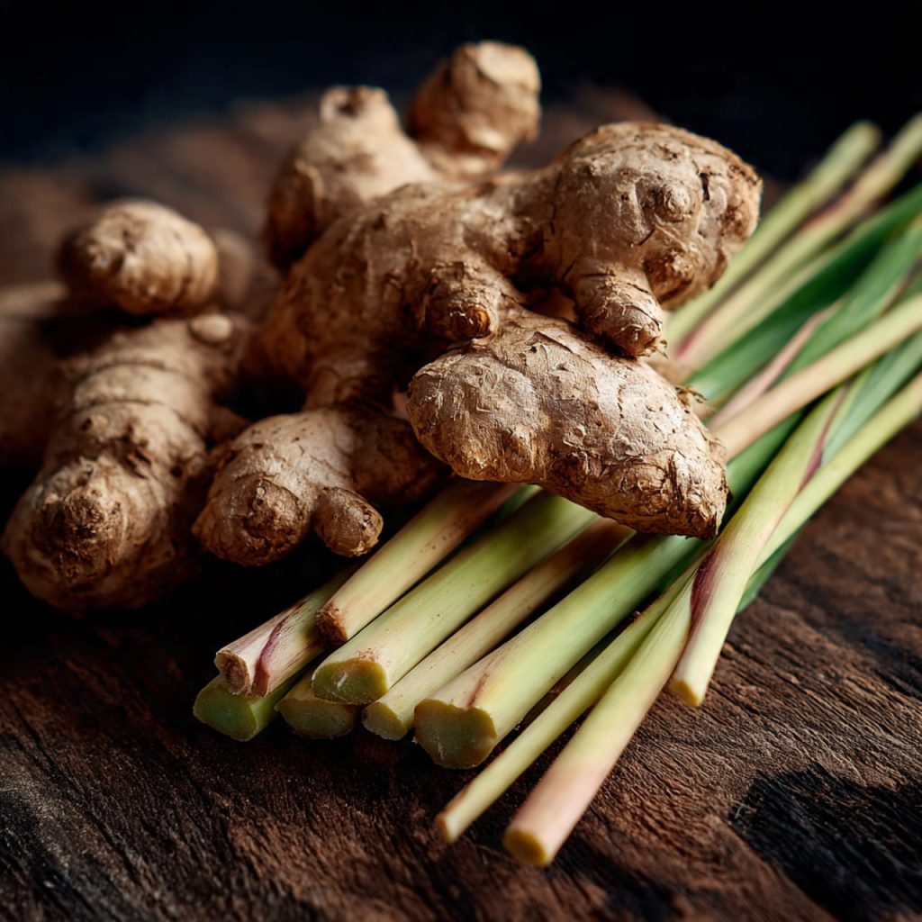 Fresh ginger and lemongrass used for Indonesian-style tempeh braising