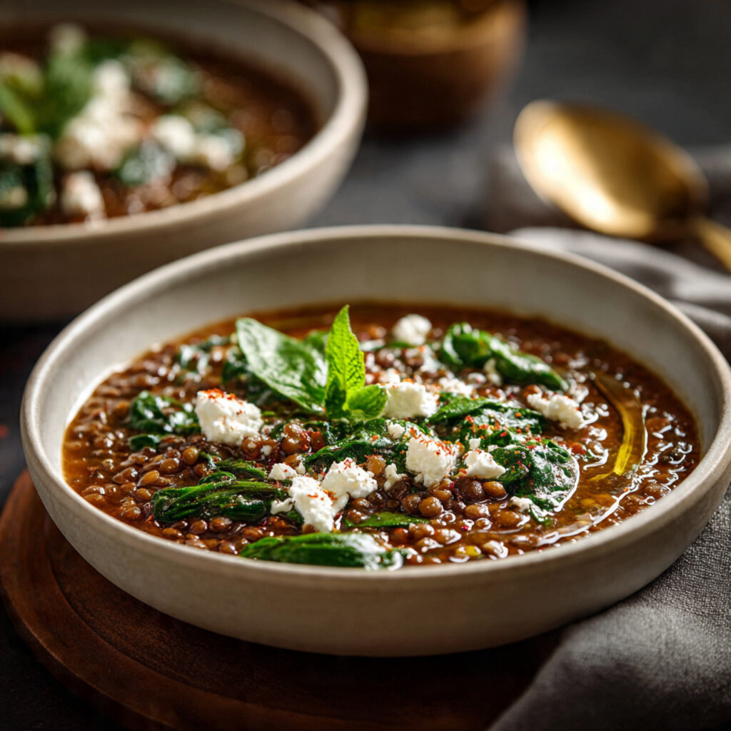 Mediterranean lentil stew topped with spinach, feta cheese and olive oil, colorful and nourishing presentation