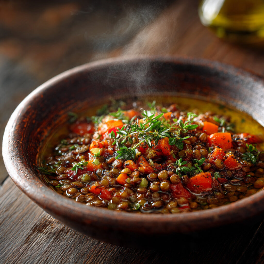 Mediterranean lentil stew with green lentils, tomatoes, carrots and herbs, drizzled with olive oil and served warm in a rustic bowl
