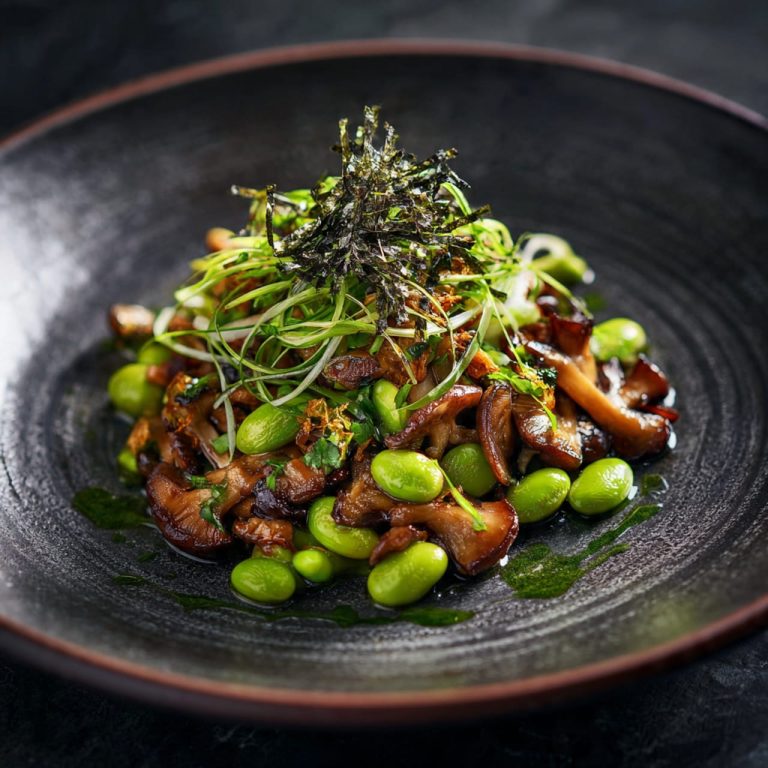 Mushroom and edamame stir-fry served in Japanese minimalist style