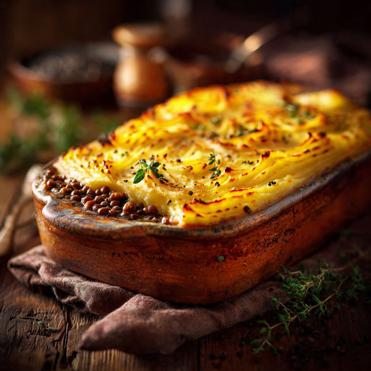Mushroom and lentil shepherd’s pie with golden mashed potato topping