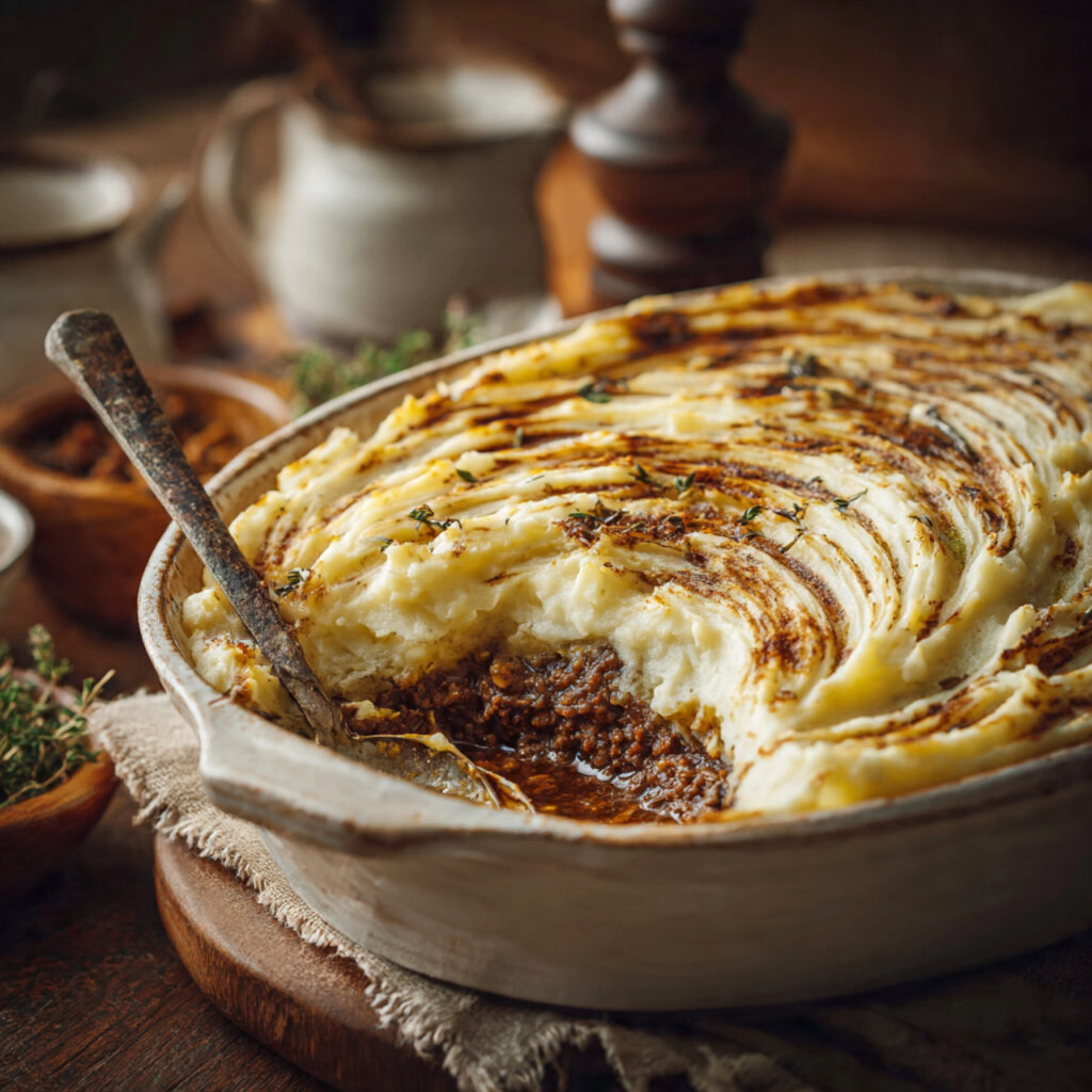 Plant-based shepherd’s pie baking until golden and crispy