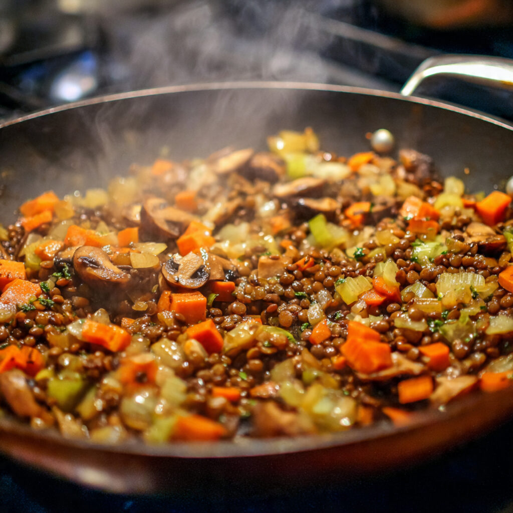 Mushroom and lentil filling cooking for plant-based shepherd’s pie