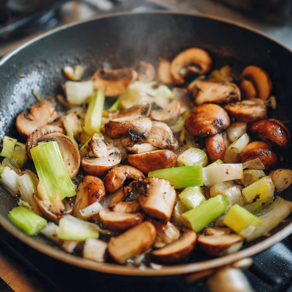 Shiitake and oyster mushrooms sautéed with ginger for vegetable soup base