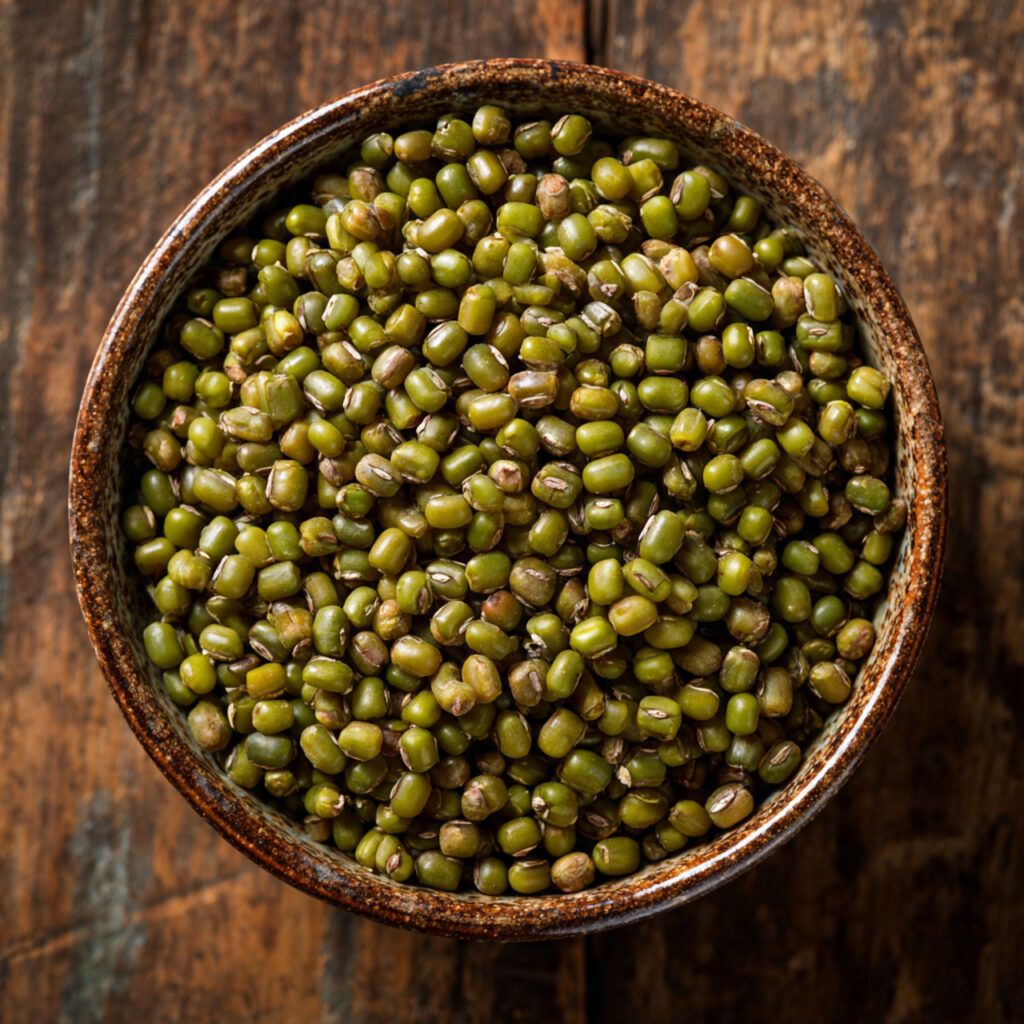 Organic split mung beans, the main ingredient for traditional steamed mung bean cake.