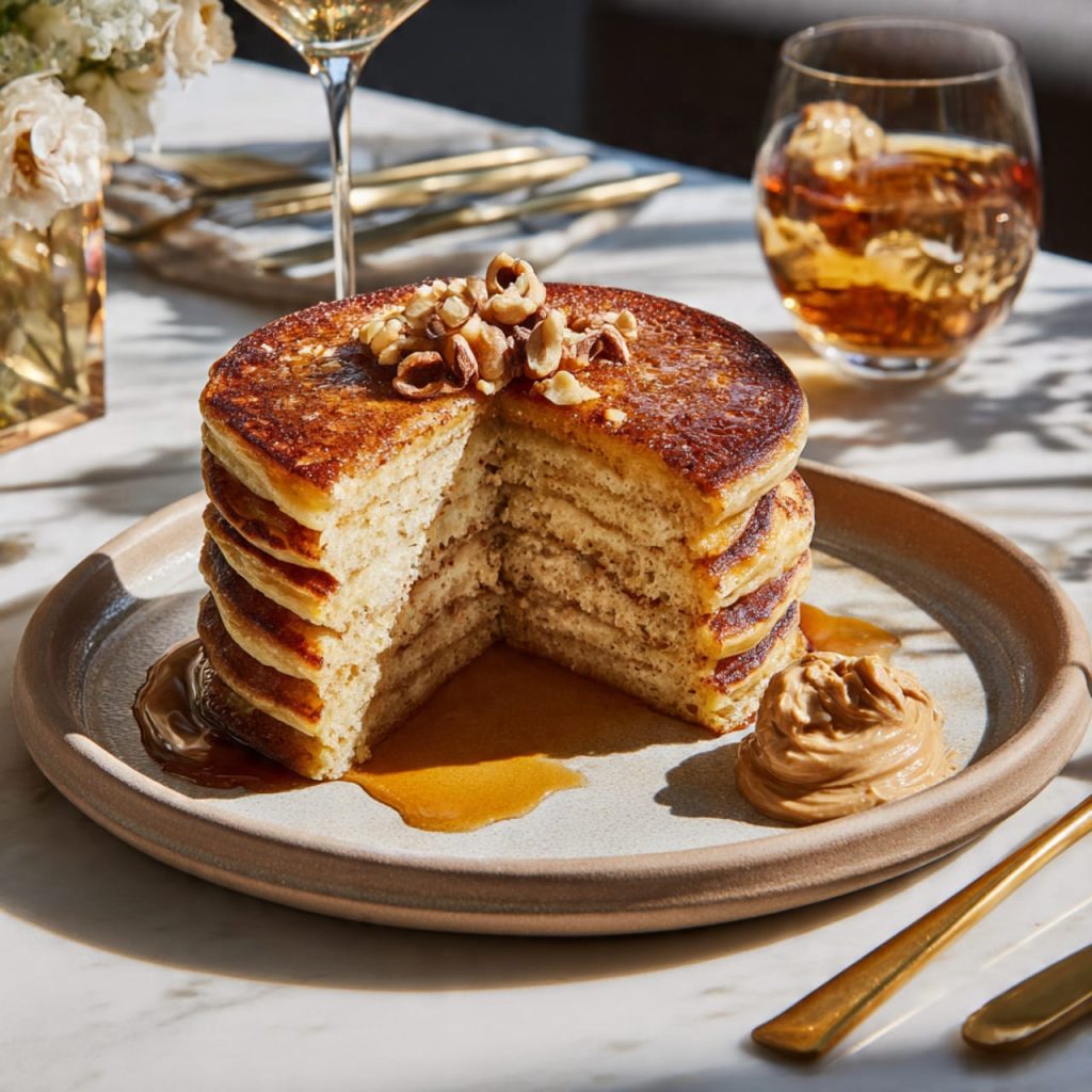 Moist gluten free banana oatmeal pancakes served with maple syrup and nut butter