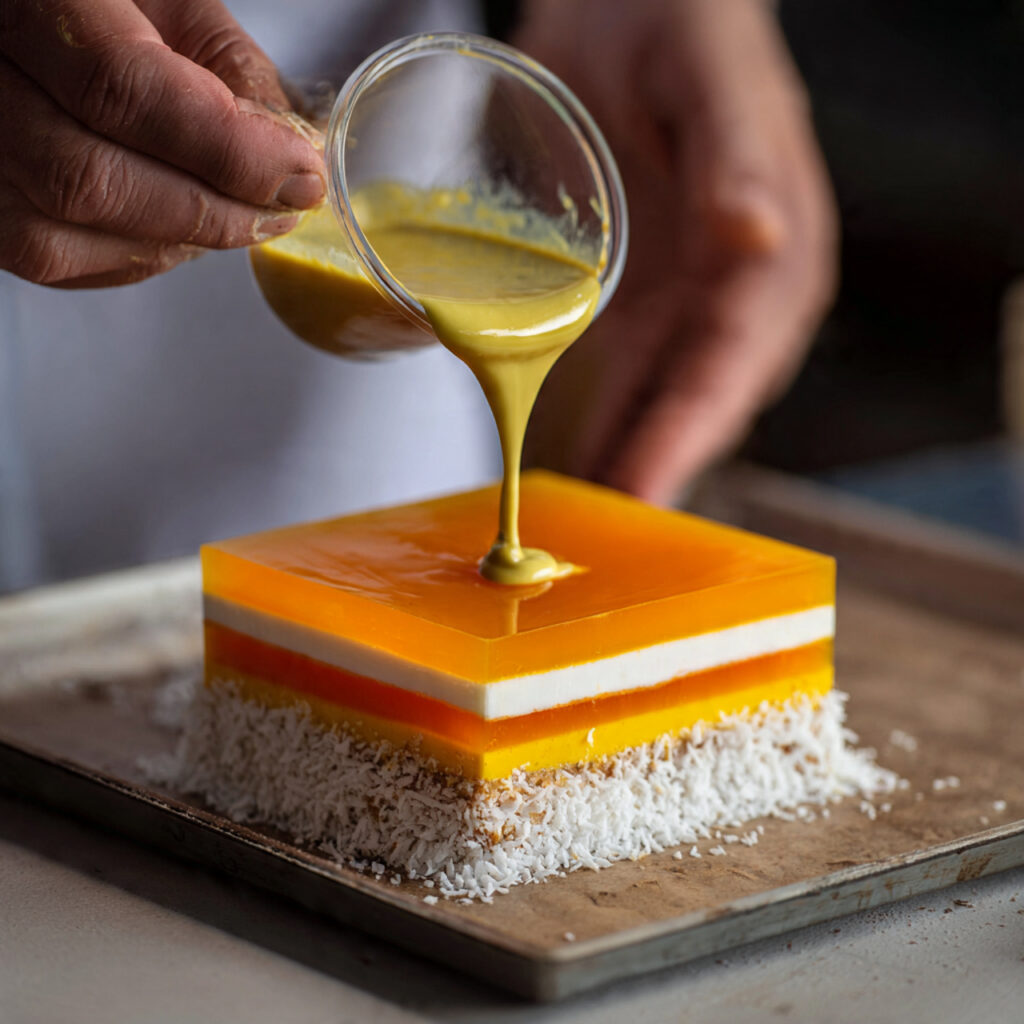 Layering mango and coconut agar jelly to create clean, elegant dessert structure