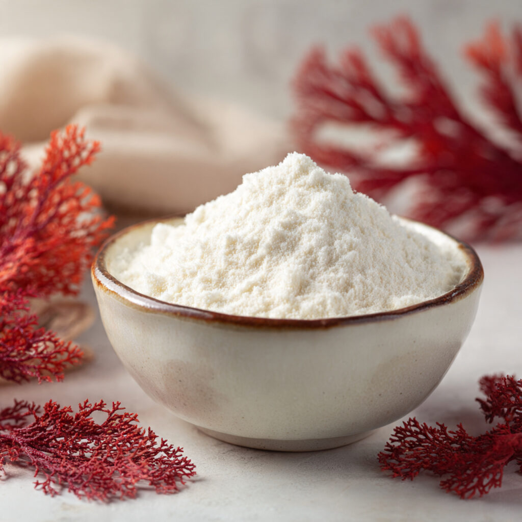 Agar agar powder derived from red algae, essential for creating firm vegan jelly texture