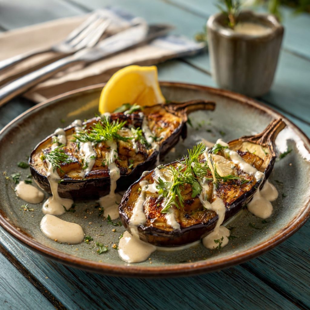 Roasted eggplant topped with lemon tahini sauce served on a ceramic plate in a natural home kitchen setting
